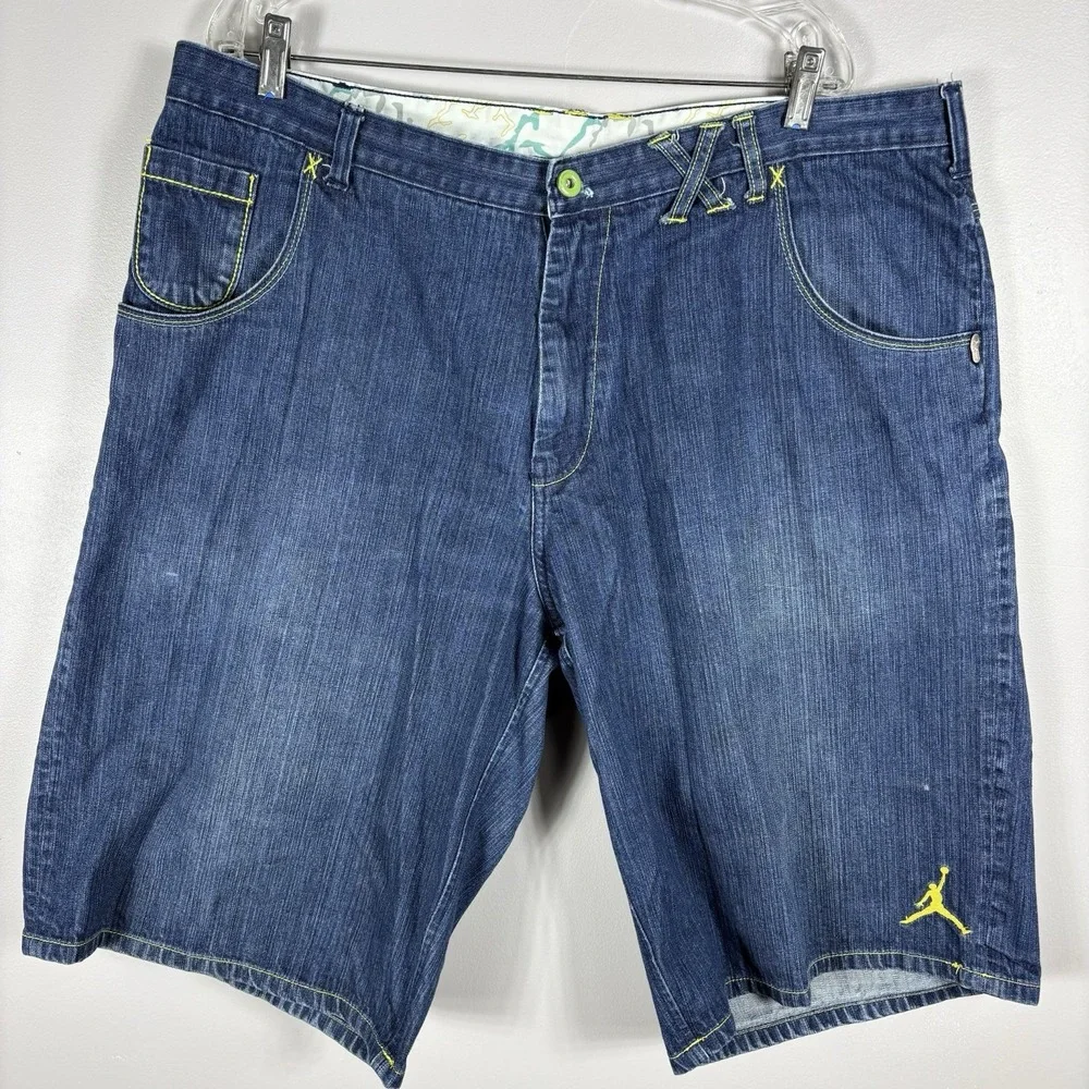VTG Jordan XI Shorts Mens 42 Blue Baggy Embroider Denim Jorts Hip Hop Skater Y2K